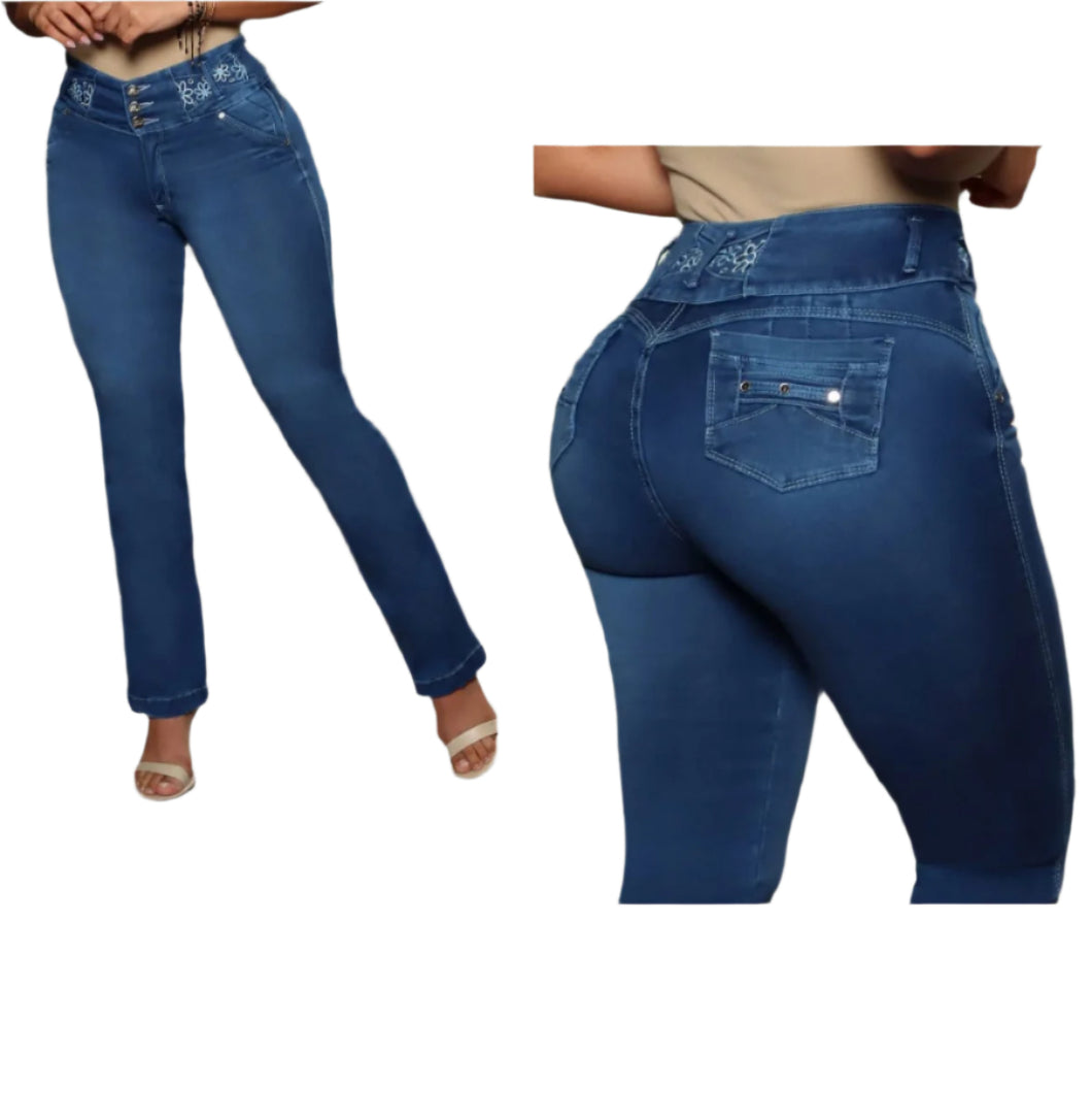 8015 Jean's Colombianos Cintura Alta levanta cola butt lifter high waist flared tummy control